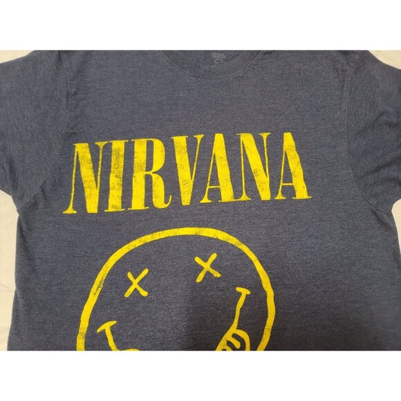 Nirvana Vintage Style Graphic T-Shirt Smiley Logo Print Blue & Yellow Medium - Picture 5 of 7